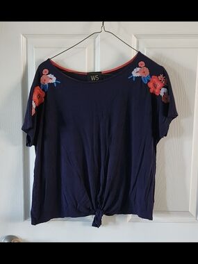 W5 Navy Short Sleeve Tie-Front Top with Pink & Coral Floral Embroidery